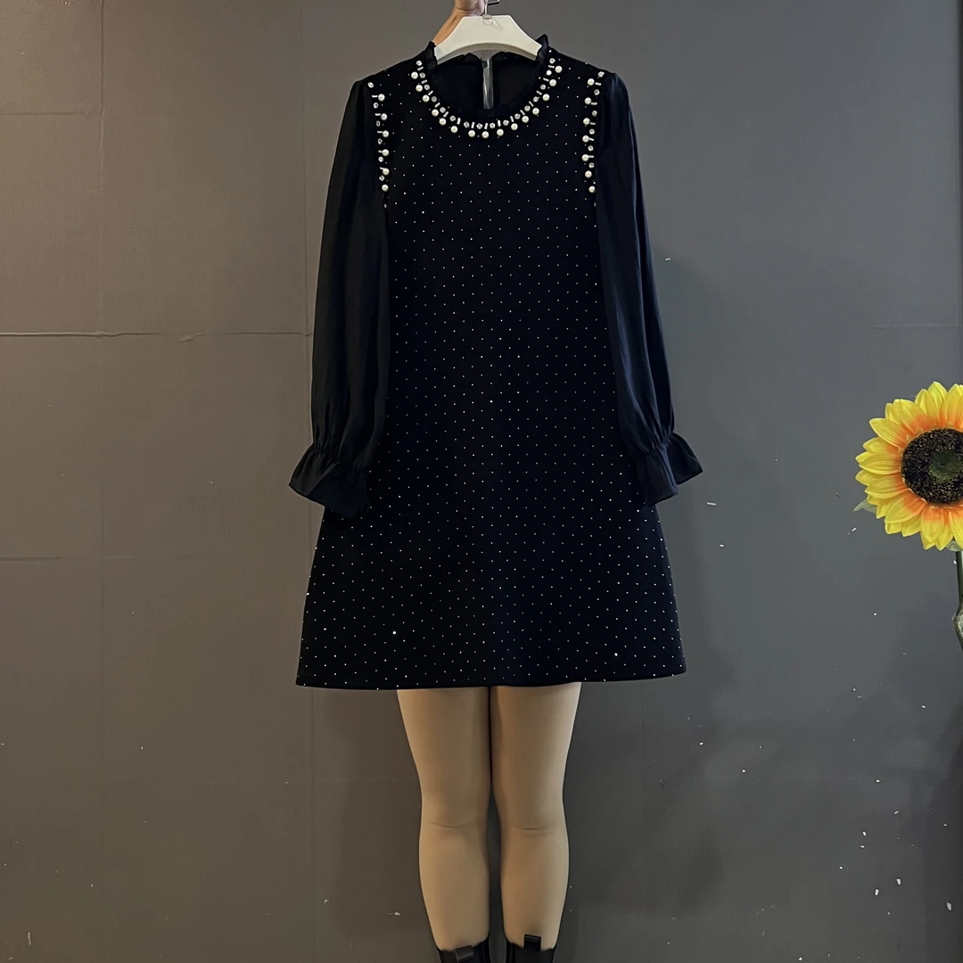 新款时尚重工钉珠满钻木耳边圆领拼接宽松显瘦大码连衣裙