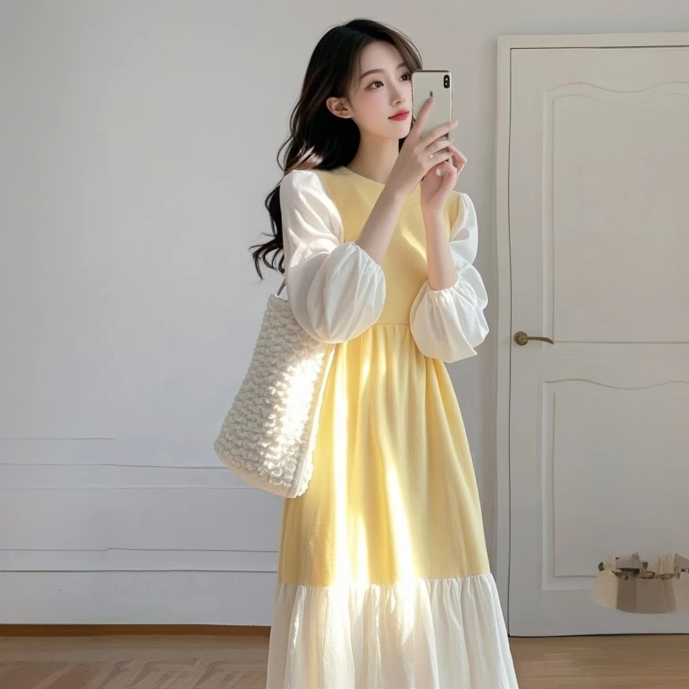 法式气质黄色拼接连衣裙女2025春季新款高级感超好看显瘦中长裙子