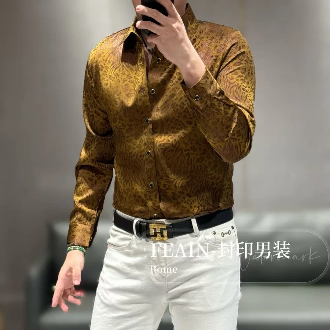 高端定制全缎面提花工艺豹纹图案设计长袖衬衫1982