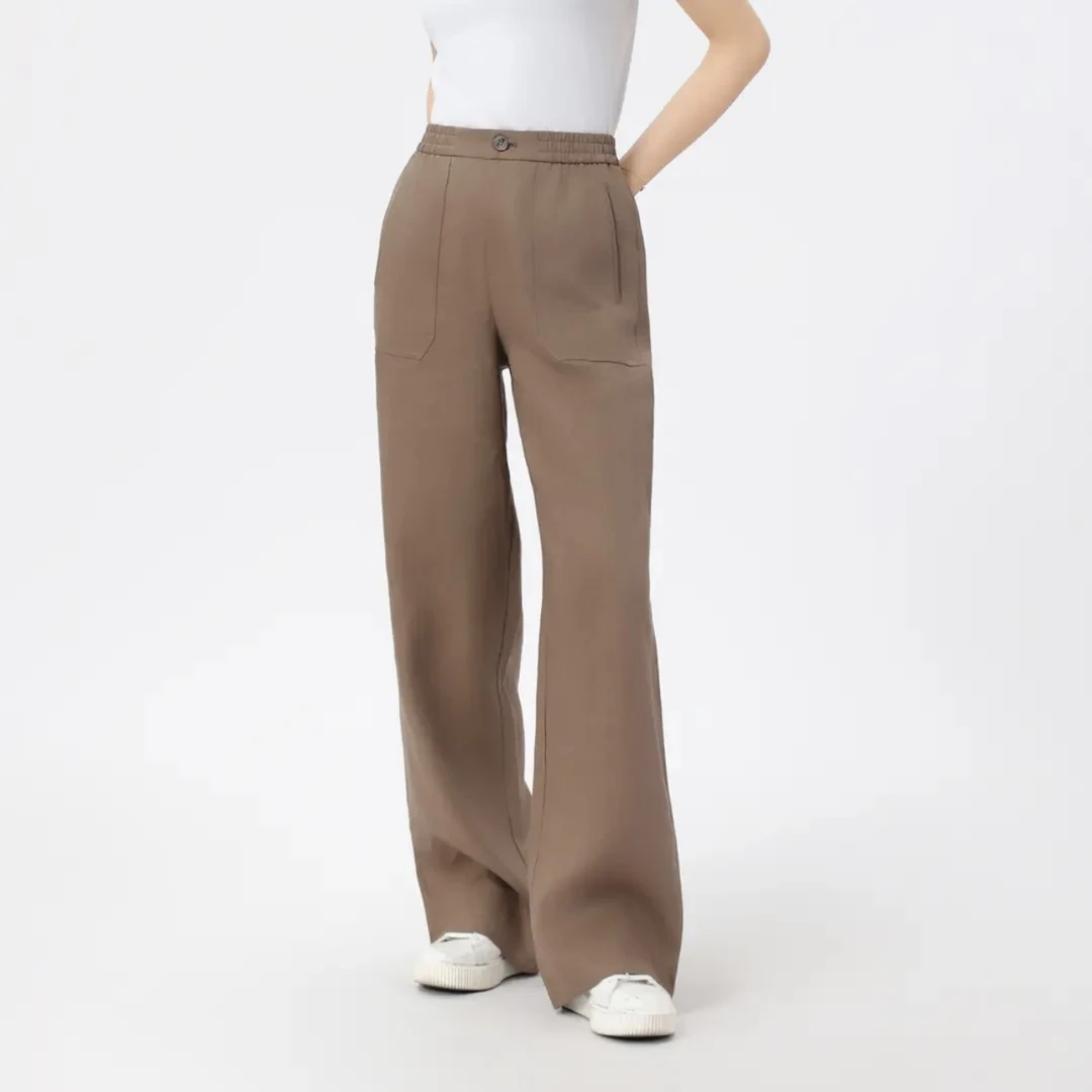 阿玛施AMASS 纯色百搭腰头两侧松紧麻料直筒长裤 510052