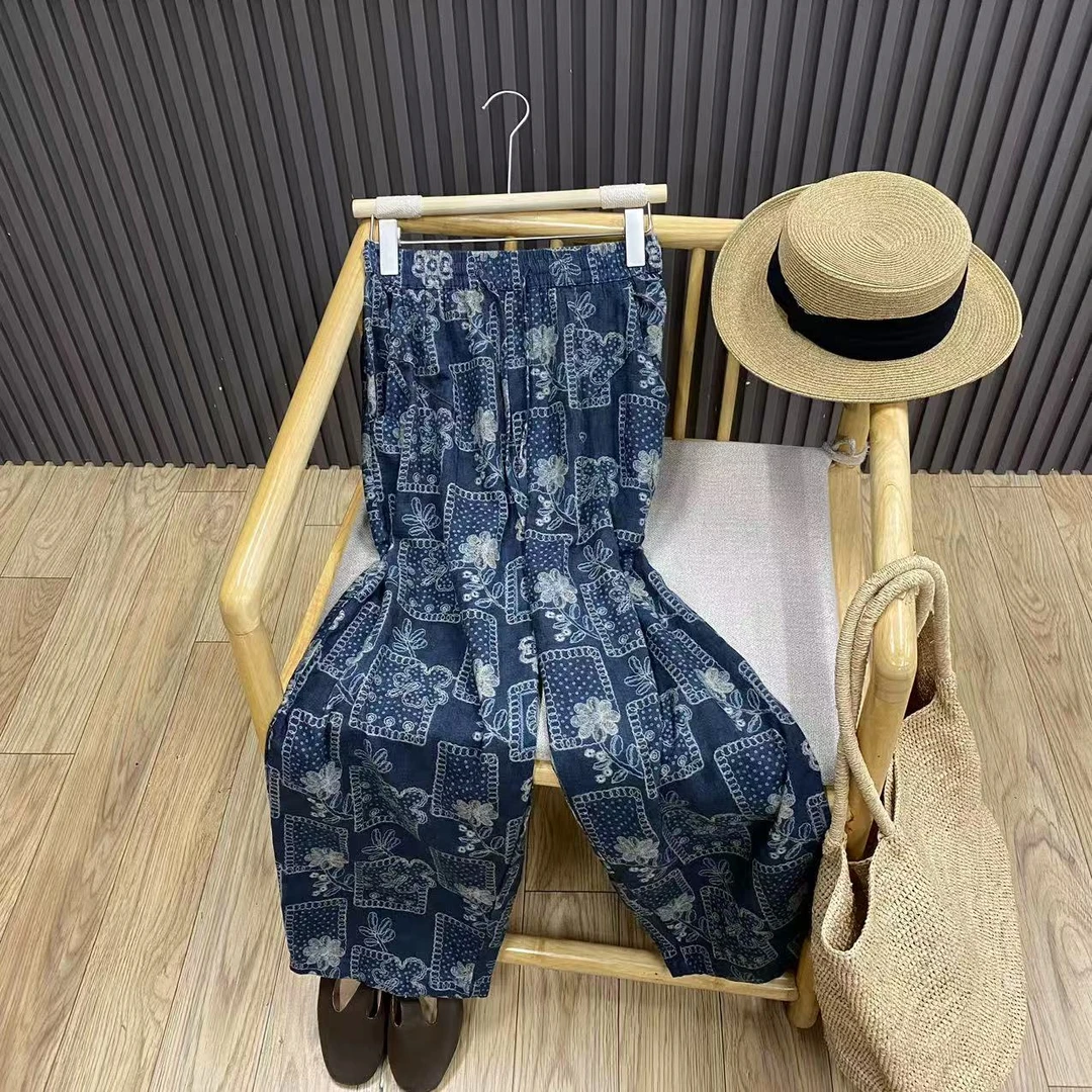 早秋复古印花高腰纯棉直筒裤文艺民族风宽松显瘦哈伦裤女K99715