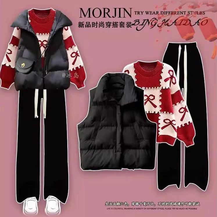 初中16高中学生14女孩秋冬甜酷马夹棉服显瘦针织毛衣三件套装15岁