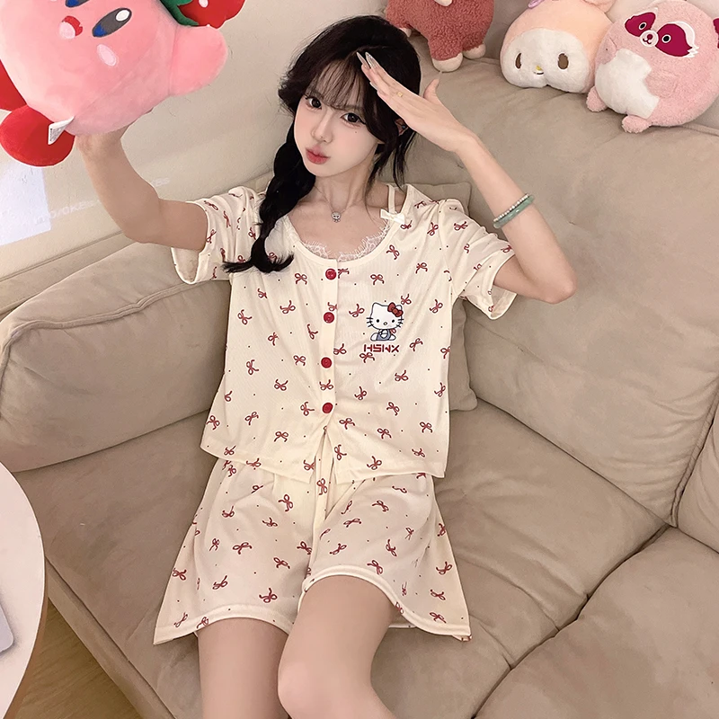 卡通凯蒂猫睡衣女士夏季冰丝螺纹短袖hello kitty可爱家居服套装