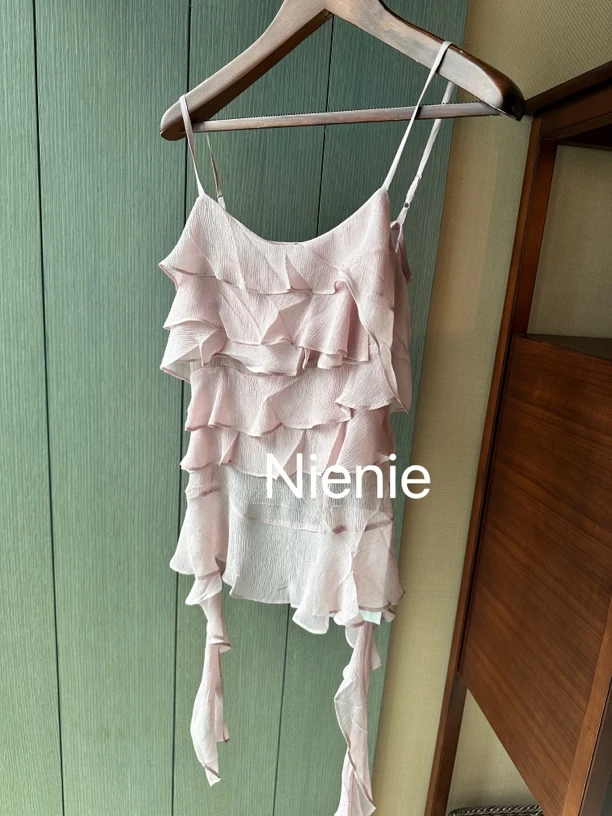 Nienie 设计师款粉色荷叶边飘带吊带
