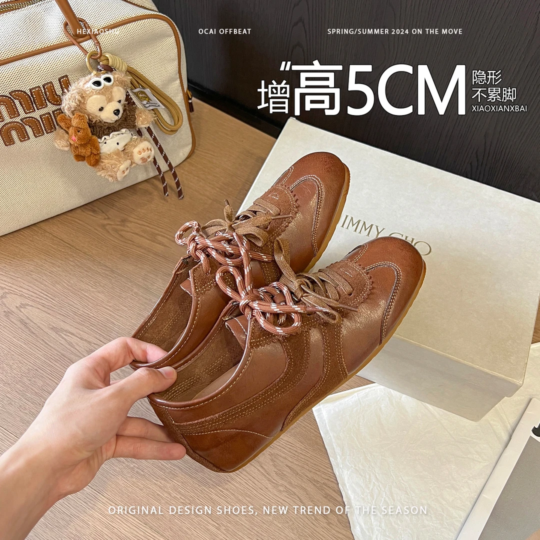真皮版~复古小个子内增高德训鞋女圆头时尚休闲运动鞋百搭阿甘鞋