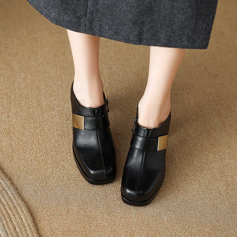 8.5cm高跟单鞋小个子真皮粗跟方头女鞋春秋深口厚底英伦风小皮鞋