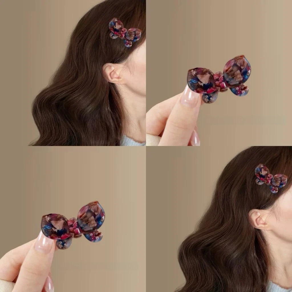 琥珀蓝棕~醋酸水钻蝴蝶结发夹鸭嘴夹边夹可爱碎发夹子旅行发饰女