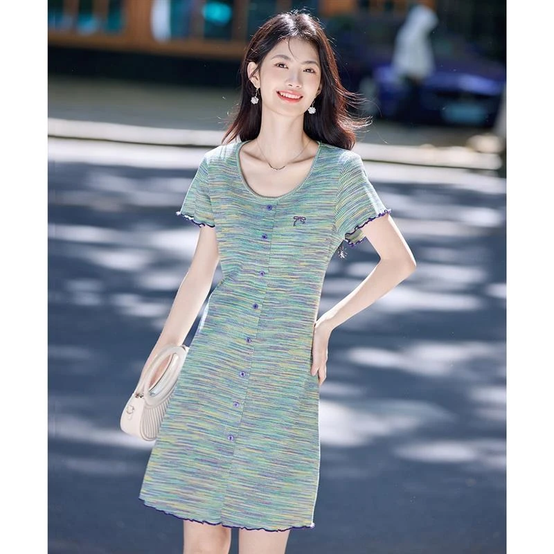 2025夏季显瘦高腰条纹透气复古连衣裙中腰法式女装短袖小个子时尚