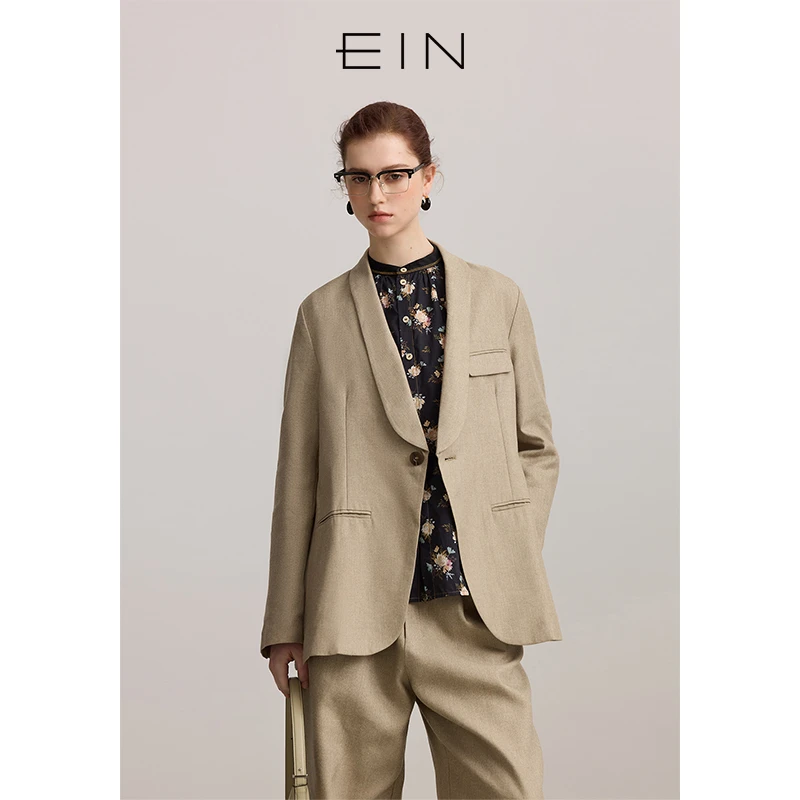 EIN/言【商场同款】肌理感一粒扣亚麻文艺复古西装外套女装春季款