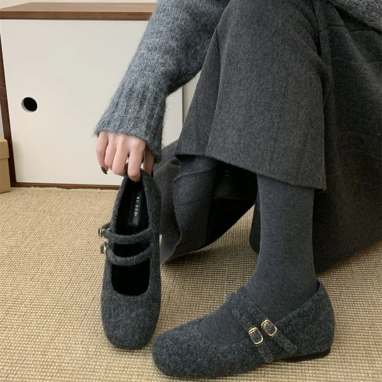 内增高玛丽珍毛毛鞋女外穿2025秋冬新款法式呢子单鞋厚底加绒棉鞋