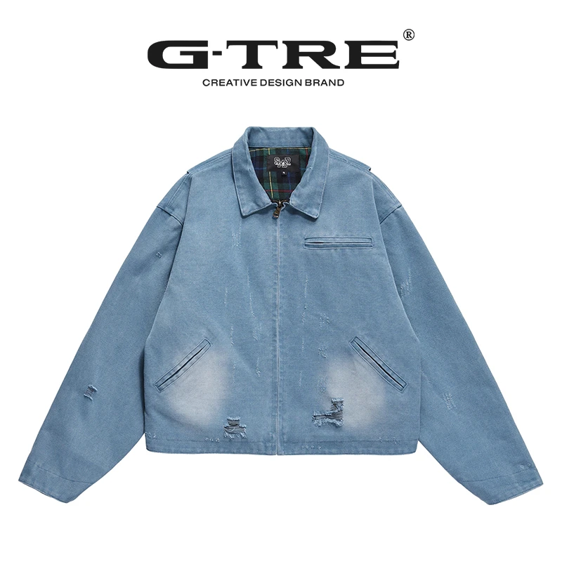 G-TRE 底特律Cleanfit复古重磅磨破做旧水洗两色拉链夹克男女款