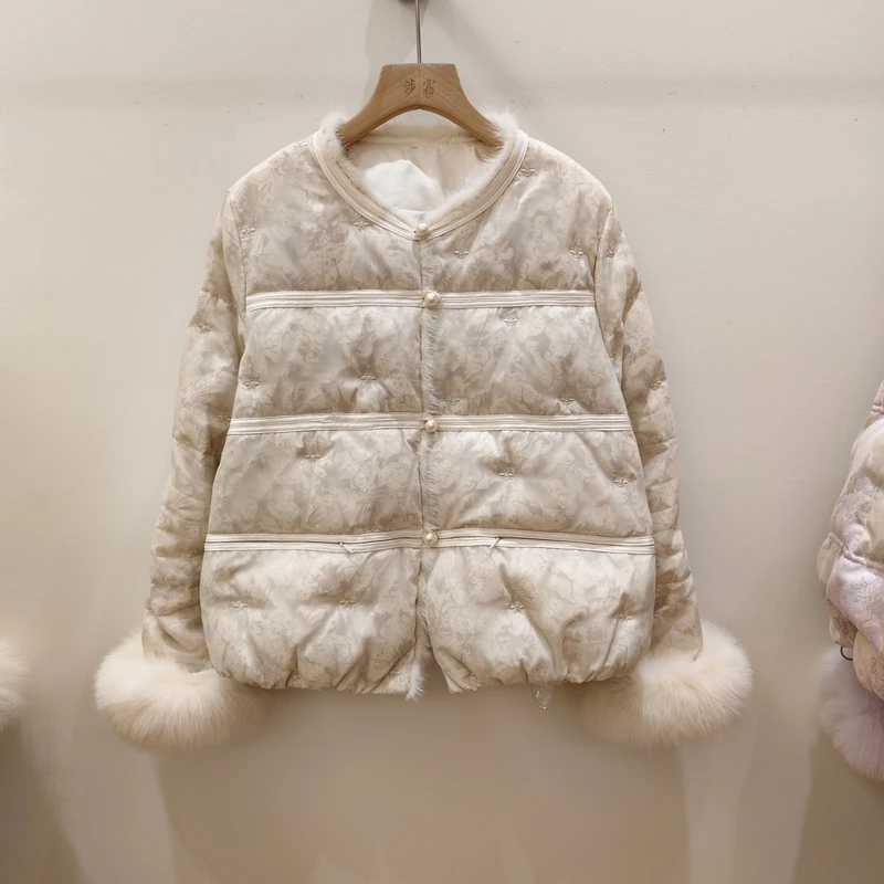 水貂毛拼接圆领提花国风羽绒服女2025新款可拆卸毛毛白鸭绒外套