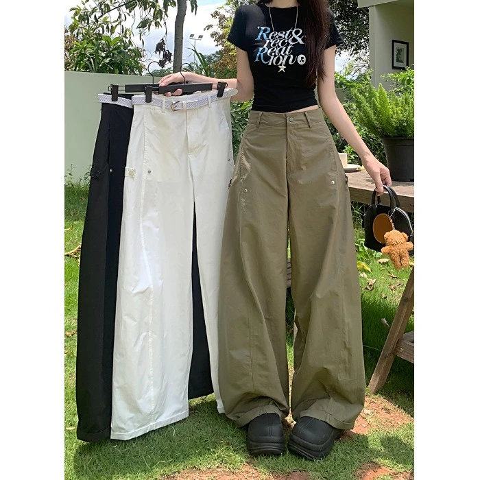 美式复古工装休闲裤女秋季纯色宽松阔腿裤子百搭高腰直筒拖地长裤