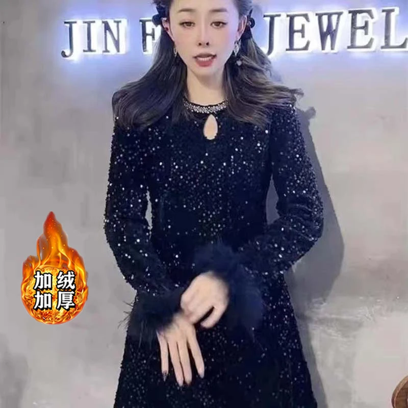 【加绒加厚】秋冬新款连衣裙韩版轻奢风高级感打底裙D4488