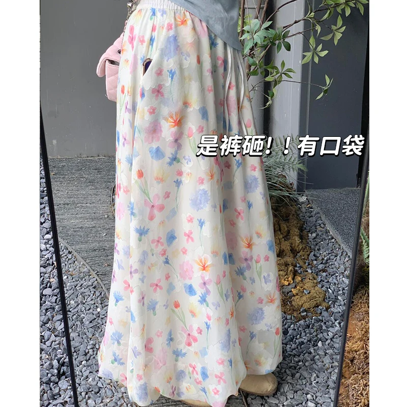 甜美彩色碎花花苞蓬蓬裙裤女夏季法式印花宽松休闲温柔风阔腿裤裙