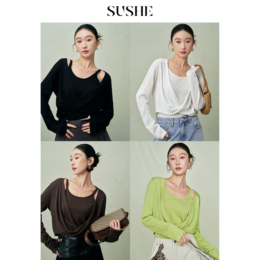 束皙SUSHE 遐思 法式慵懒感莱赛尔U领吊带扭结针织罩衫针织衫套装