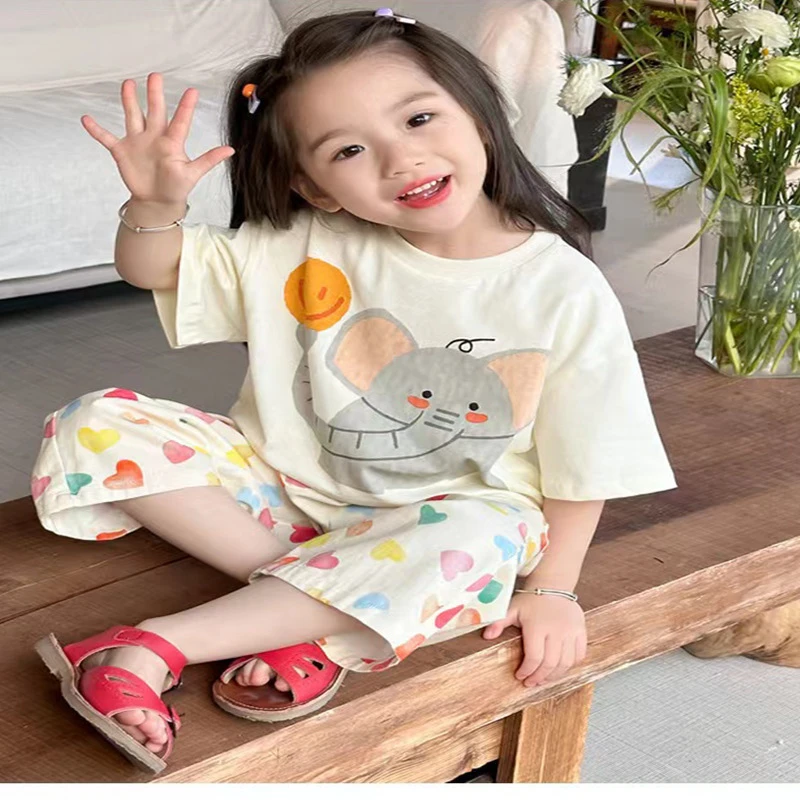 女童卡通运动套装2025夏季新款韩版短袖爱心休闲裤两件套L55156