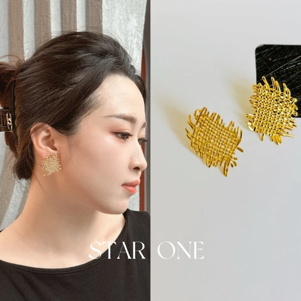 铜合金耳饰 S925银针气质质感麻布编织金属冷淡风耳钉女轻奢小众