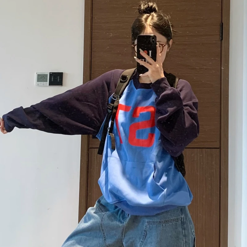 花生酱 美式复古撞色套头慵懒卫衣字母宽松韩系秋季休闲长袖上衣