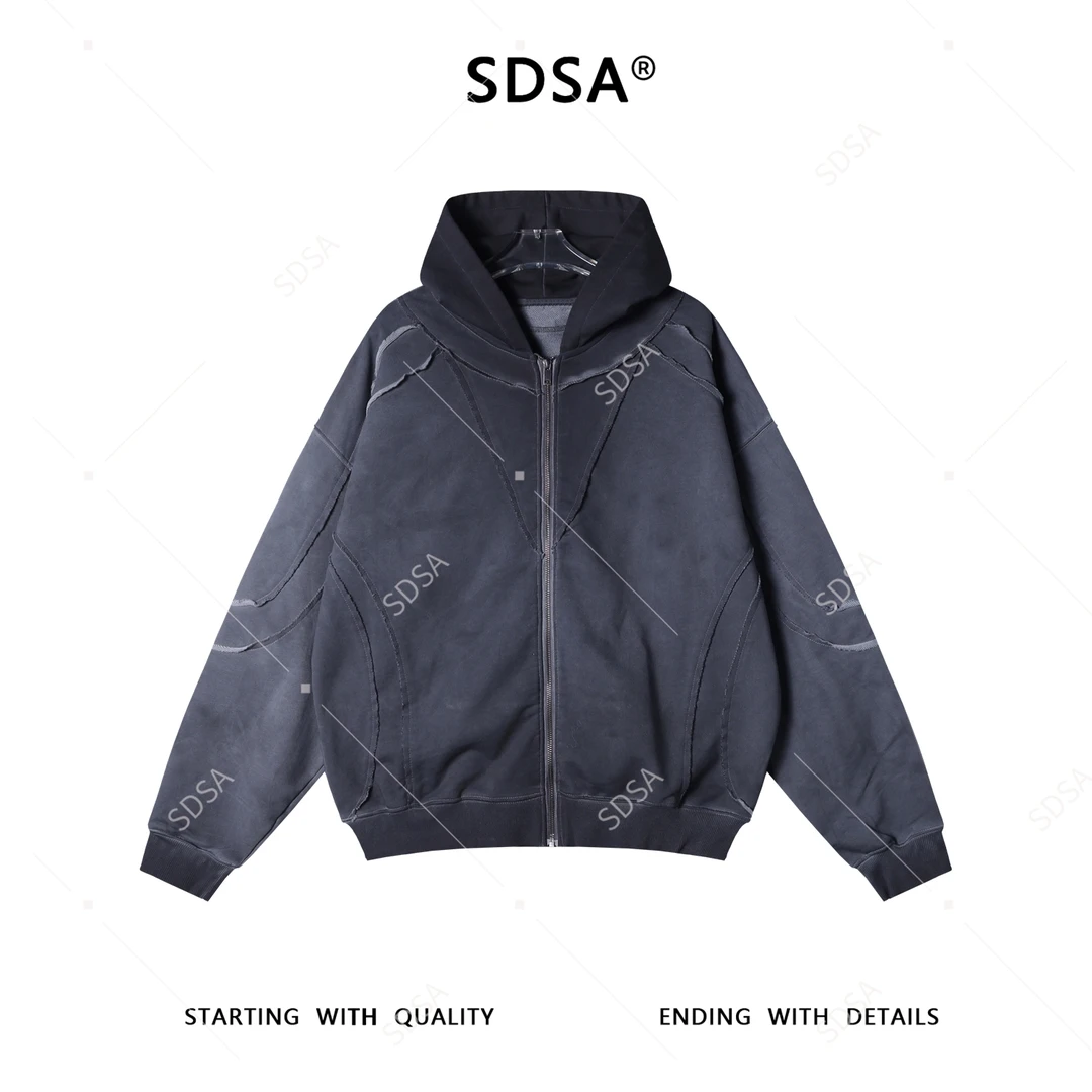 SDSA男士秋冬新款痞帅男装美式潮牌裁剪拼接连帽开衫卫衣复古外套