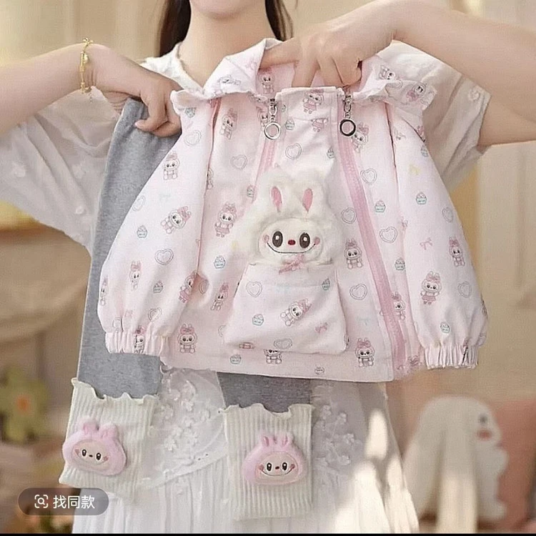 儿童装女童套装可爱时尚印花秋季女宝卡通玩偶拉链连帽外套打底裤