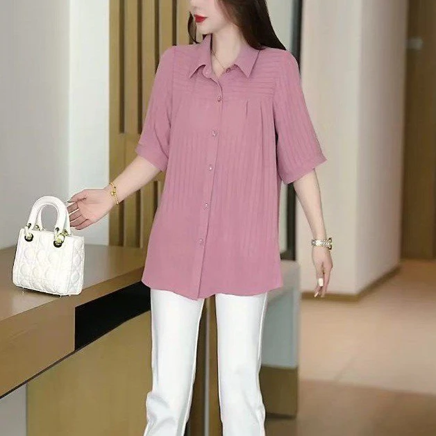 中长款短袖条纹衬衫女2025夏季新款宽松大码上衣遮肉显瘦百搭