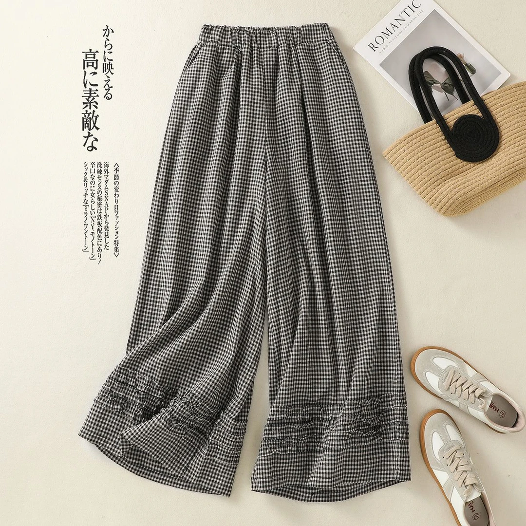 剪标外贸法国原单女装亚麻格子阔腿裤女夏高腰花边直筒大码休闲裤