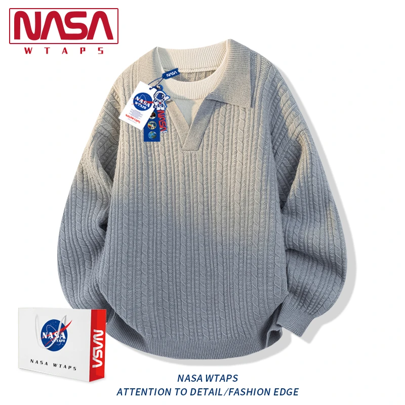 NASA WTAPS日系假两件毛衣男款秋冬季新款潮牌宽松翻领休闲针织衫