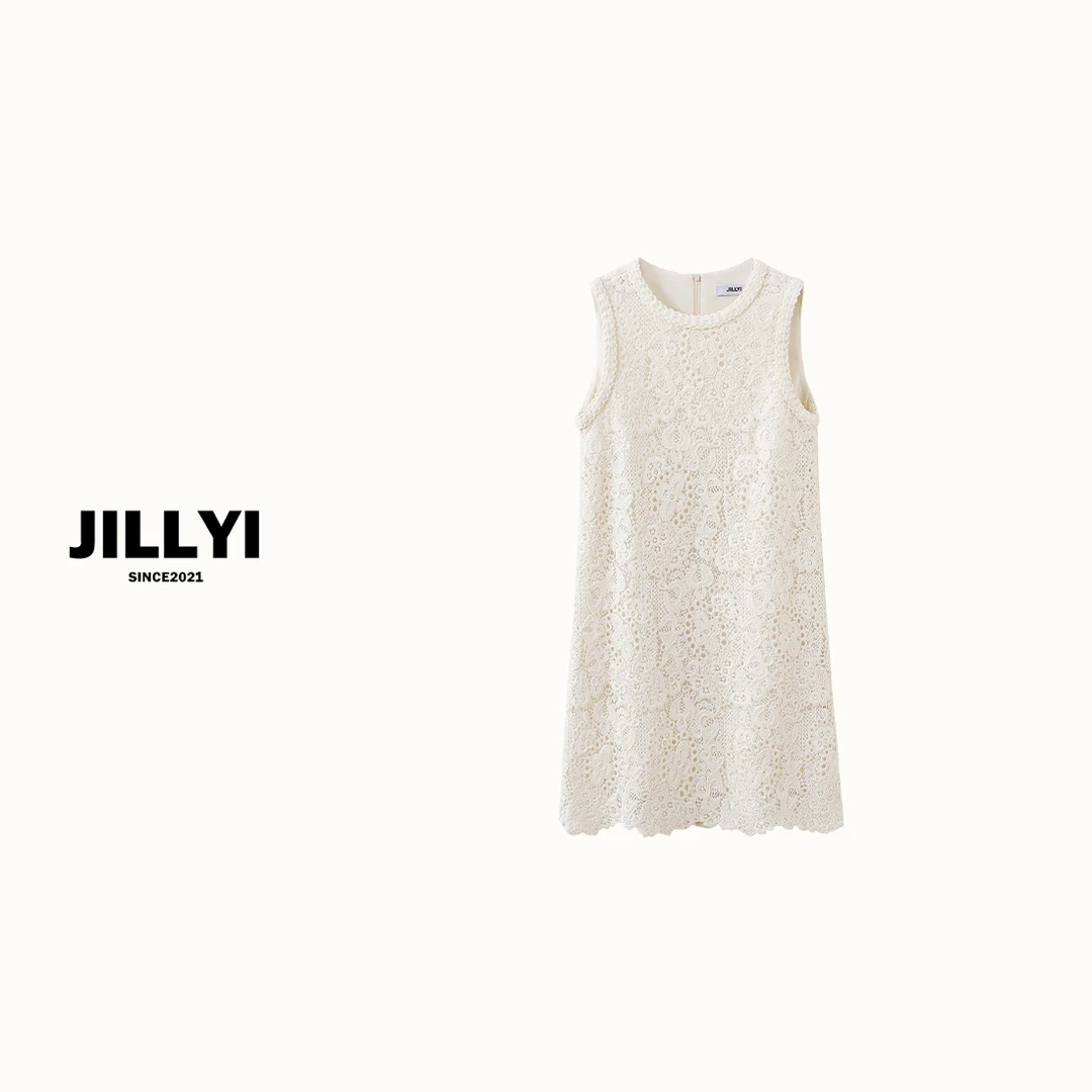 JILLYI珠海店【月白繁花】夏款小香风气质蕾丝镂空花朵无袖连衣裙