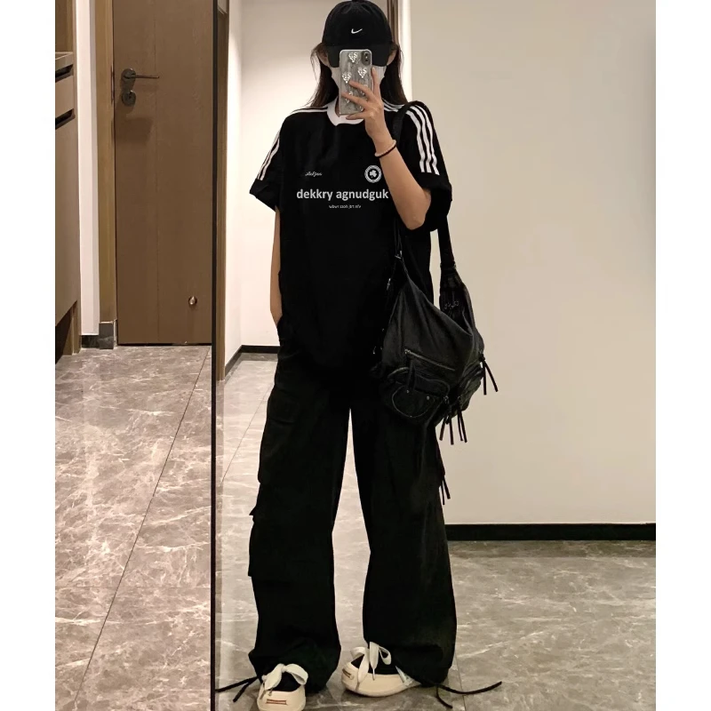 特大码300斤休闲运动风三条杠字母印花纯棉短袖男女夏季宽松t恤衫