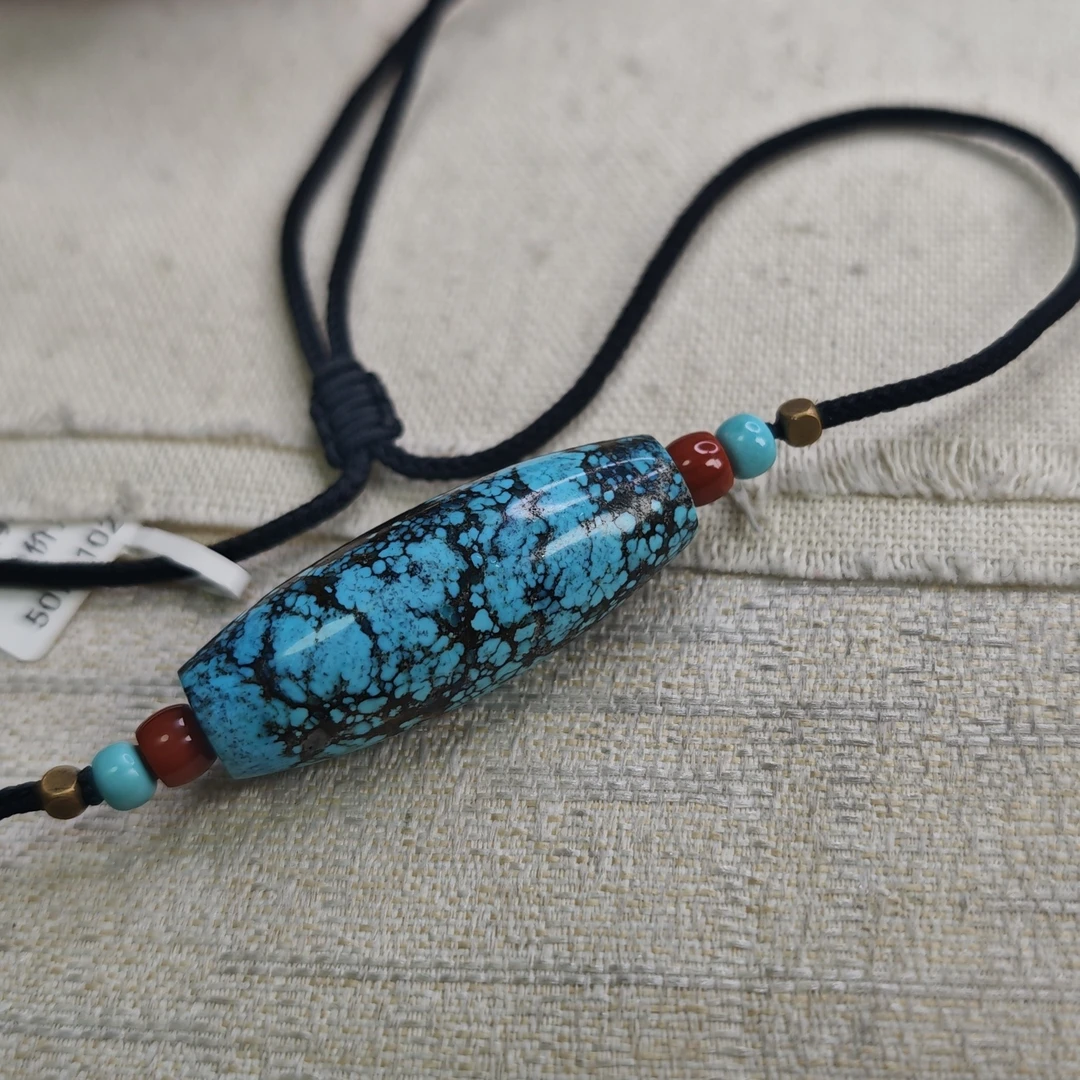 湖北十堰原矿天然乌兰花绿松石项链天珠尺寸14.7*39.1玉化料子