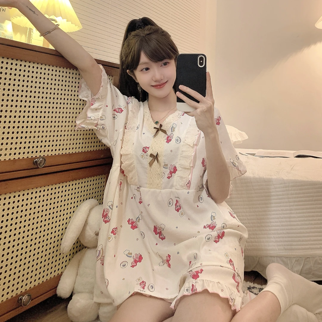 大码睡衣女夏季短袖短裤防凸点蕾丝边V领甜美风小马宝莉睡衣套装