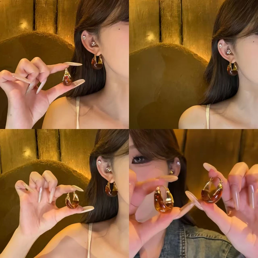 铜合金耳饰 美拉德复古琥珀色耳扣高级感气质耳圈耳饰耳钉耳环ins