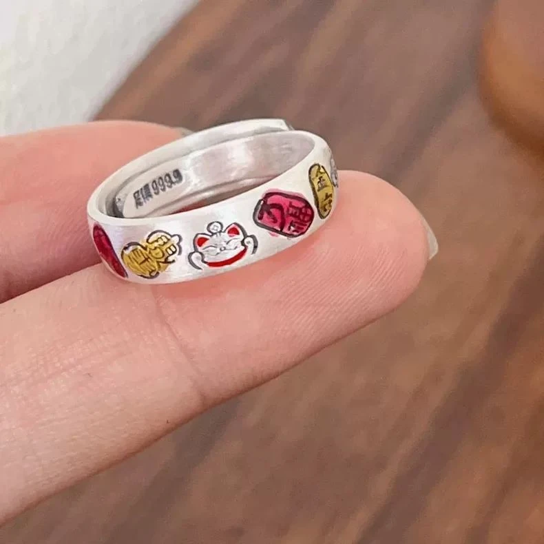 足银戒指 足银999招财猫吉言戒指女福禄吉祥复古民族风指环