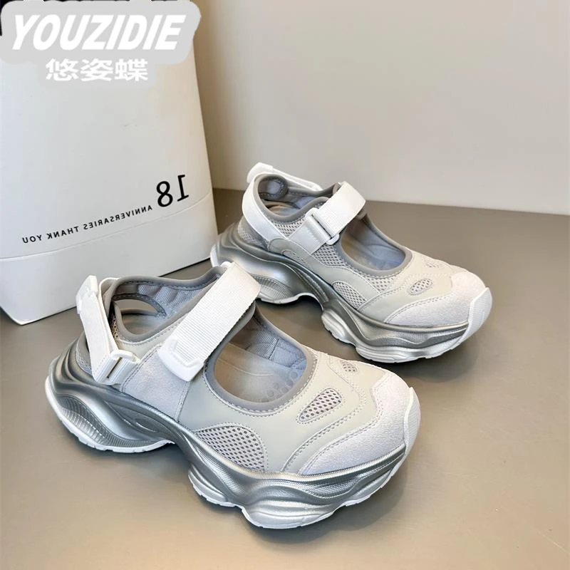 YOUZIDIE推荐2025夏镂空透气运动凉鞋子女厚底复古软底老爹鞋