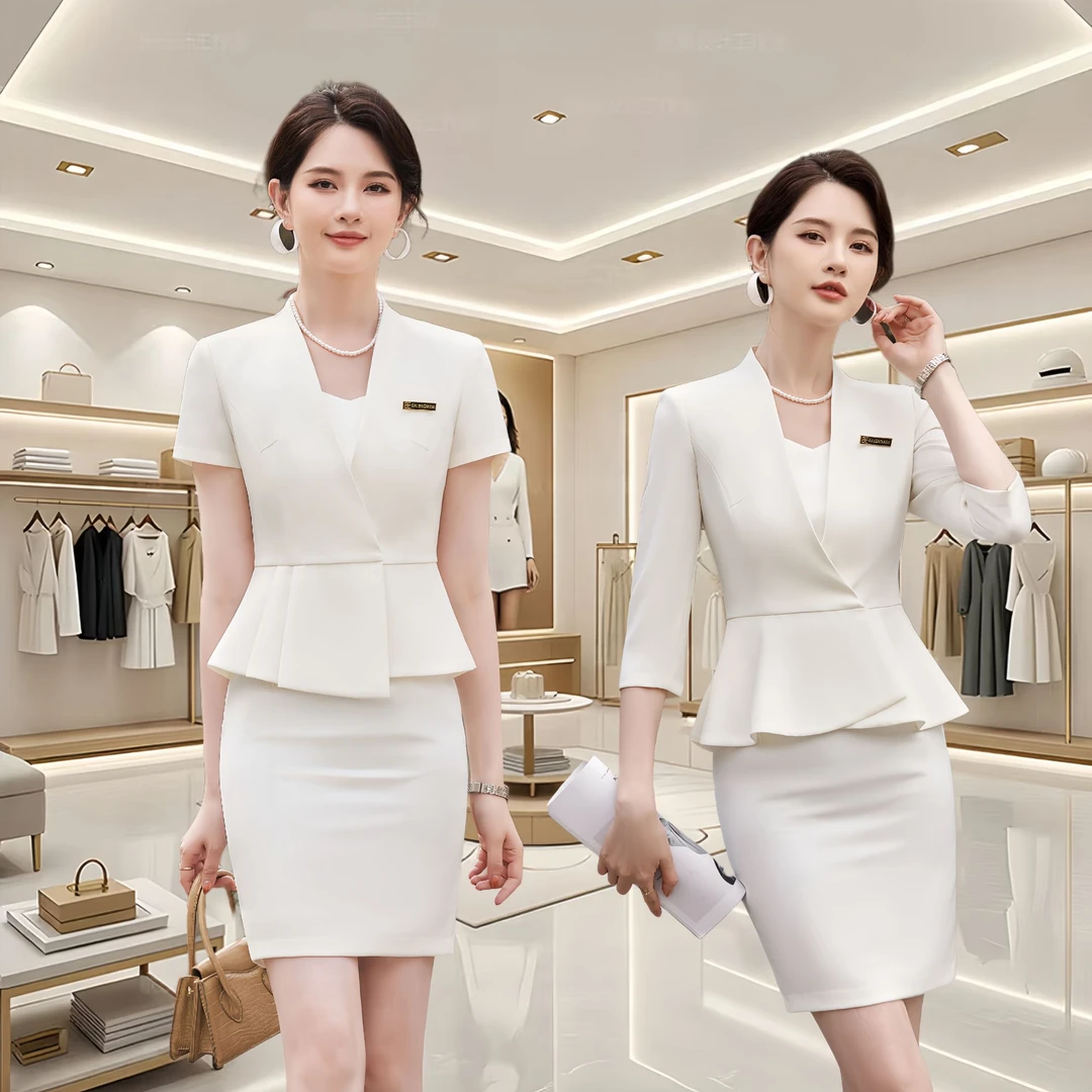 白色西装套装女夏季中袖职业正装前台接待工装珠宝店美容院工作服