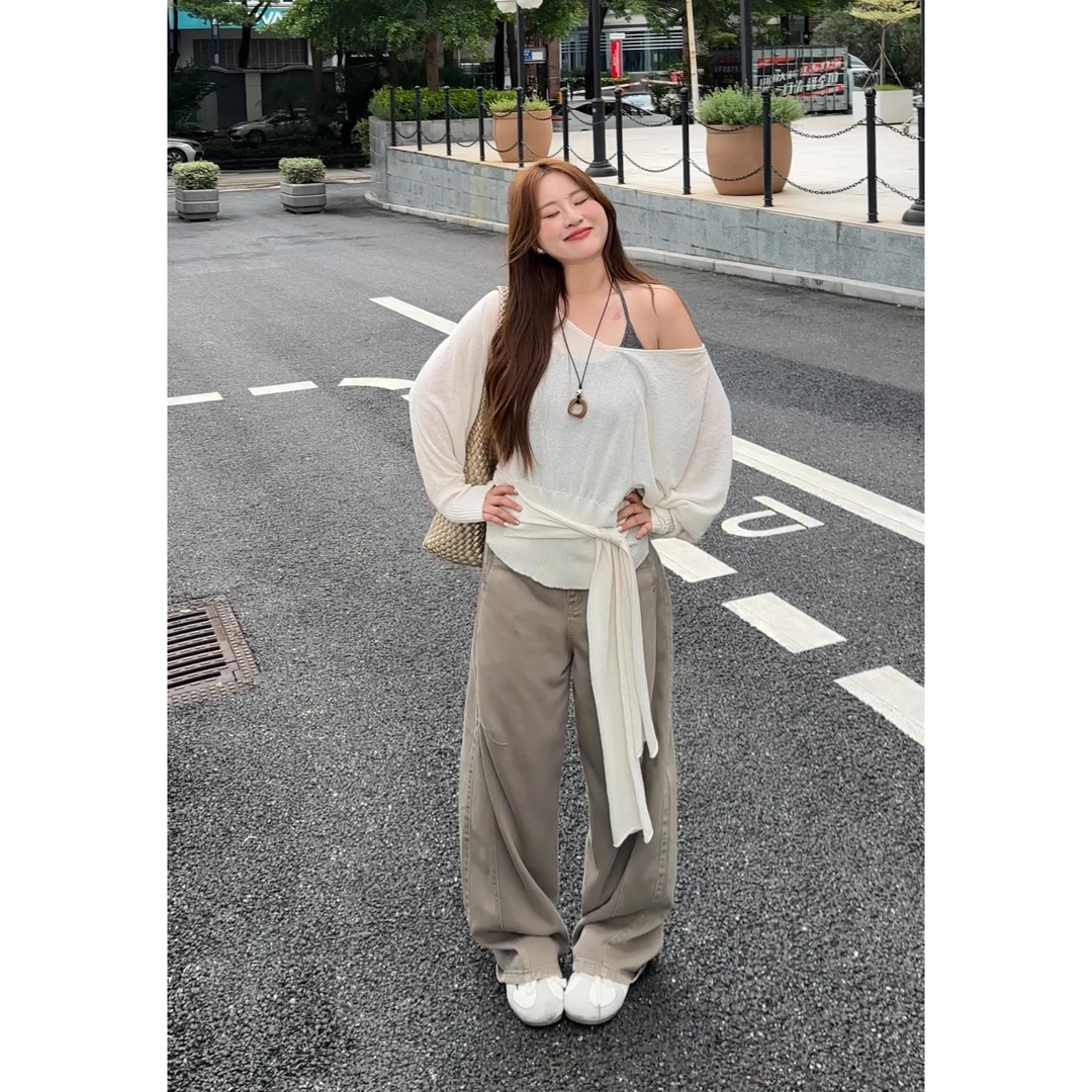 6740#秋季休闲感穿搭显瘦高腰裤百搭复古拖地垂感阔腿宽松弯刀裤