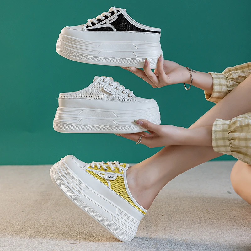 增高9cm 时尚网面松糕厚底包头半拖夏季懒人一脚蹬百搭女鞋凉拖鞋