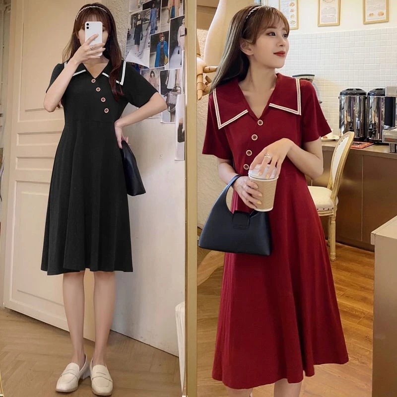 夏季显瘦气质小个子时尚赫本风连衣裙女2023夏新款中长款收腰纯色