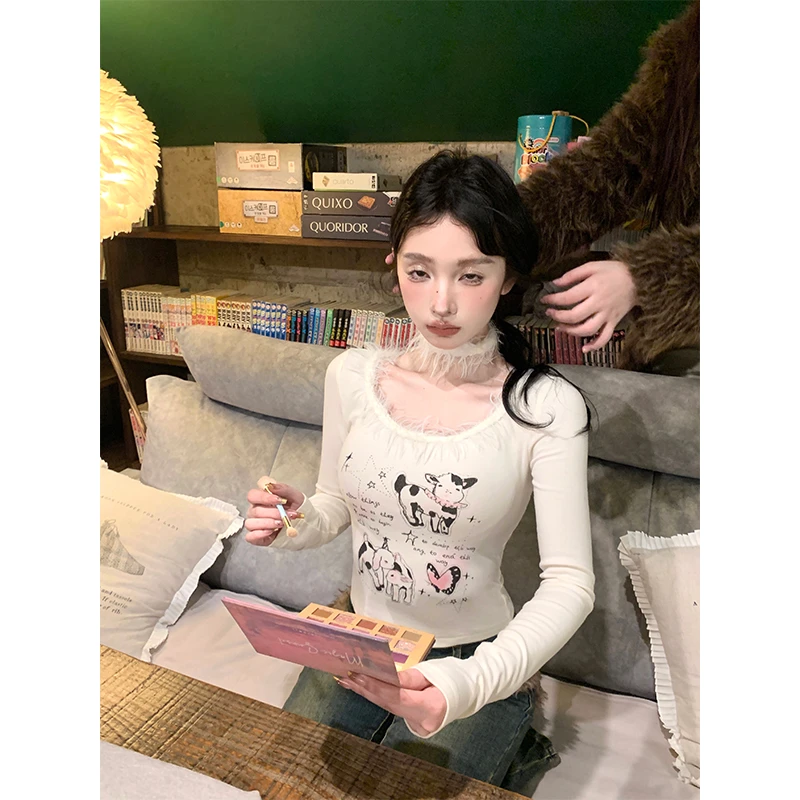 FunnJ方几◆奶牛咩咩双面磨毛修身内搭长袖T恤女软糯毛领打底上衣