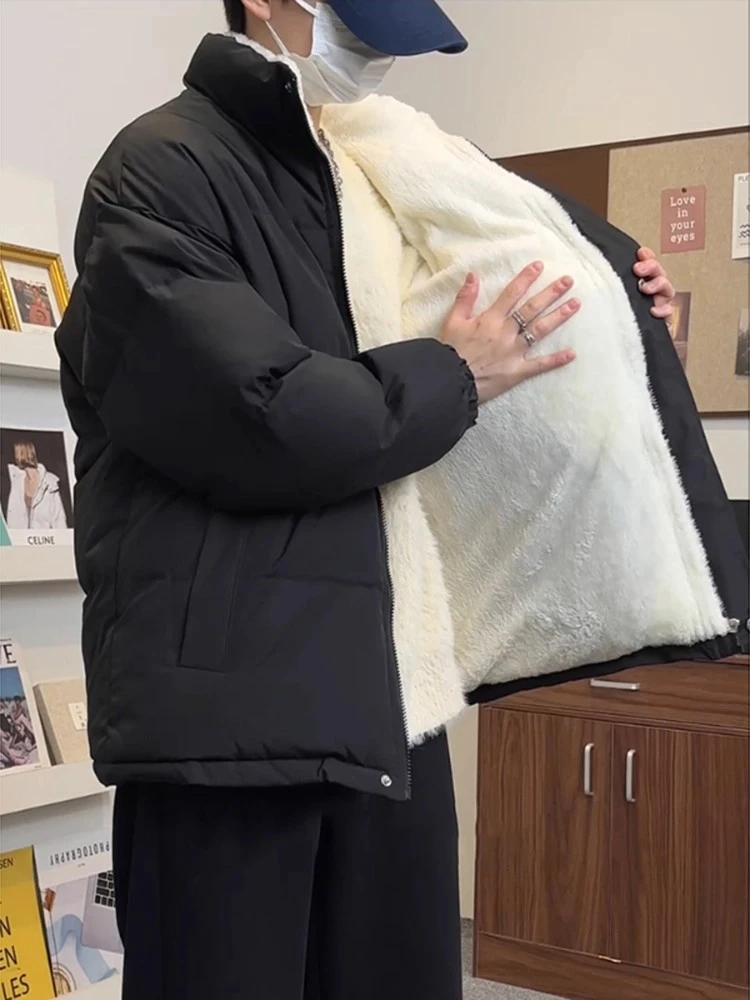 黑色美式棉服男款冬季加厚立领棉服内里加绒羊羔毛外套面包服宽松