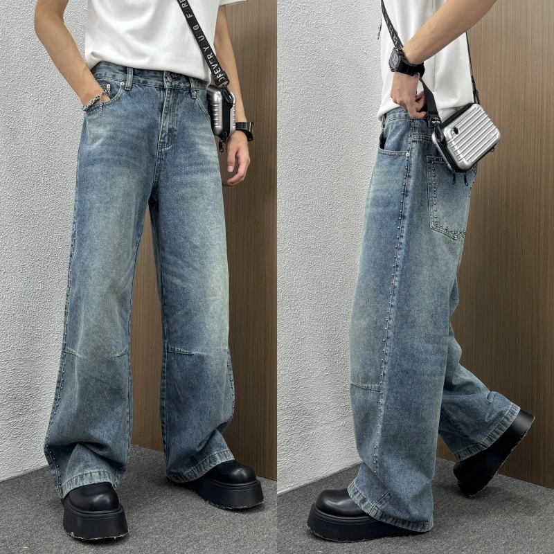 水洗蓝色大码秋冬新款男士百搭阔腿休闲裤褶男士水洗深蓝阔腿裤