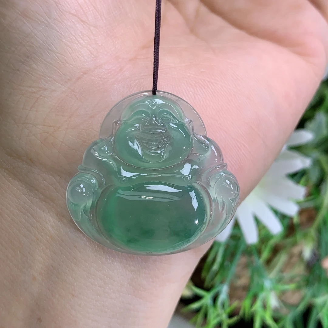 缅甸天然翡翠A货高冰起胶晴绿飘花佛公吊坠钟尺寸30.6×32×6mm