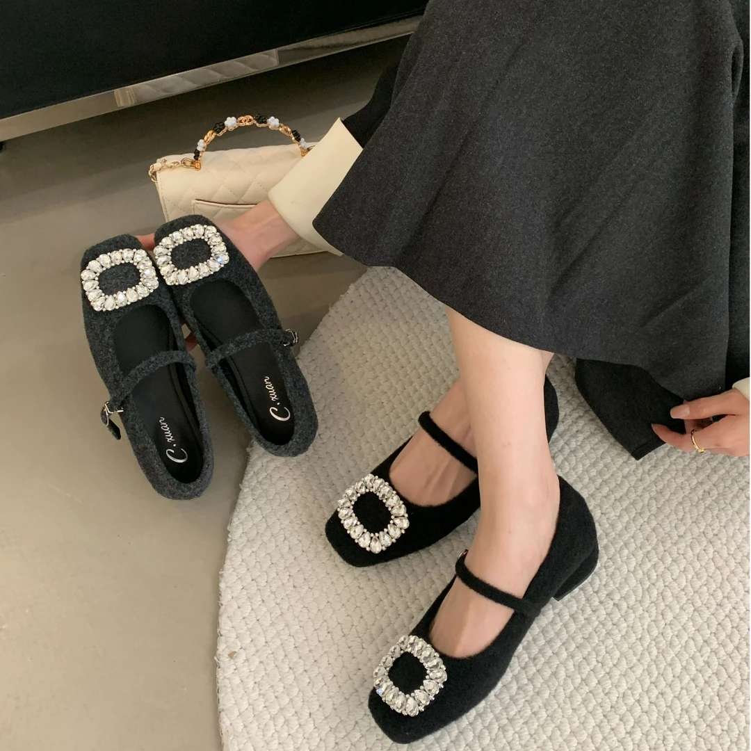 早春款水钻轻奢风气质百搭复古粗跟玛丽珍毛毛高跟鞋5626-9