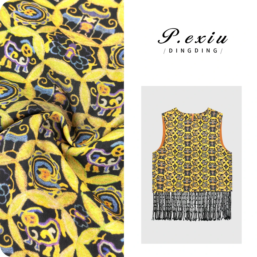 PanYiXiu/潘依绣100%人丝复古印花珠片流苏国风马甲M8914