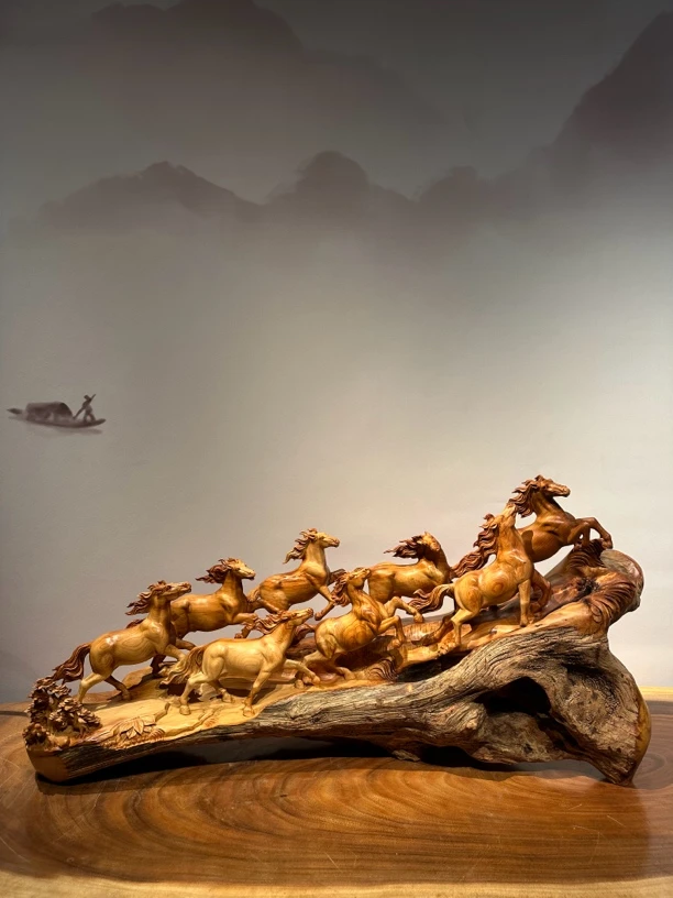 陈化料八骏雄风雕刻工艺品客厅办公室摆件