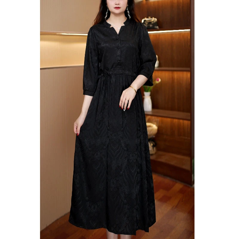 [剪刀领祥云]新款百搭显瘦连衣裙女中长款449