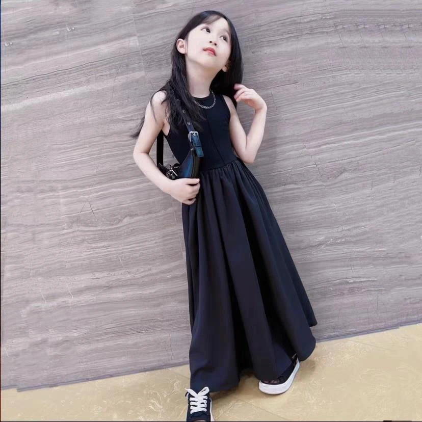 女童黑色连衣裙夏装女大童长裙夏款韩系童装女孩夏天裙子洋气夏季