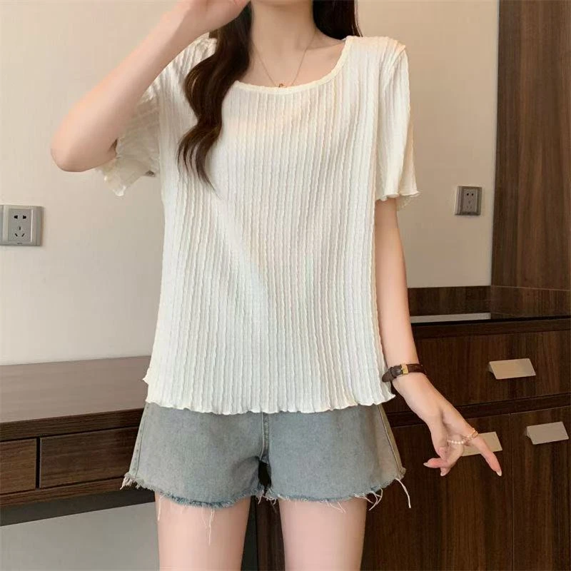 夏季2025新款胖mm大码肌理感正肩短袖t恤女显瘦遮肚子木耳边上衣