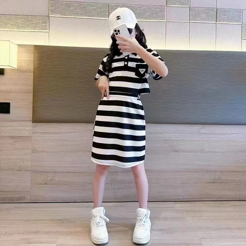 女童条纹连衣裙新款中大儿童洋气夏装裙子小女孩夏季时髦POLO裙潮